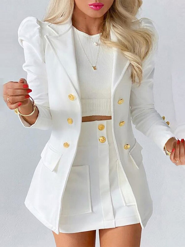 Elegant Puff Long Sleeve Coat Set  Button Blazer Tops And Slim Mini Skirt Suit