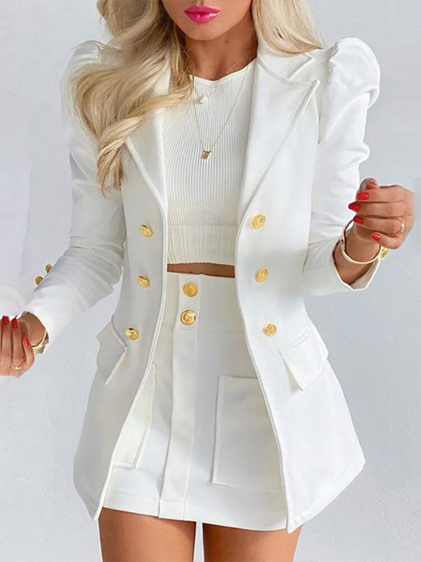 Elegant Puff Long Sleeve Coat Set  Button Blazer Tops And Slim Mini Skirt Suit
