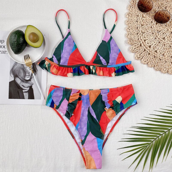Sexy ruffle triangle micro bikini set Colorblock print women's swimsuit High waist swimwear Vintage beach wear Bathing suit New