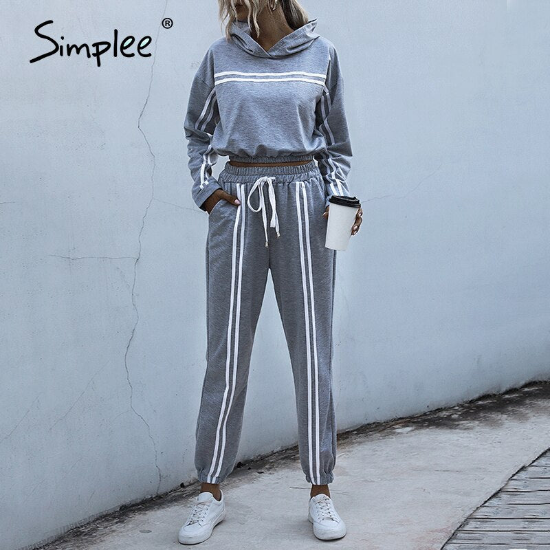 Casual Hooded Sweatshirt Striped Lace Up Sports Suit