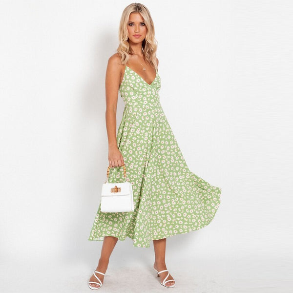 Summer Little Daisy Floral Spaghetti Strap Dress Women  V Neck Backless Ladies Bandage Print Dress