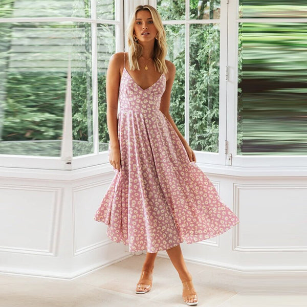 Summer Little Daisy Floral Spaghetti Strap Dress Women  V Neck Backless Ladies Bandage Print Dress