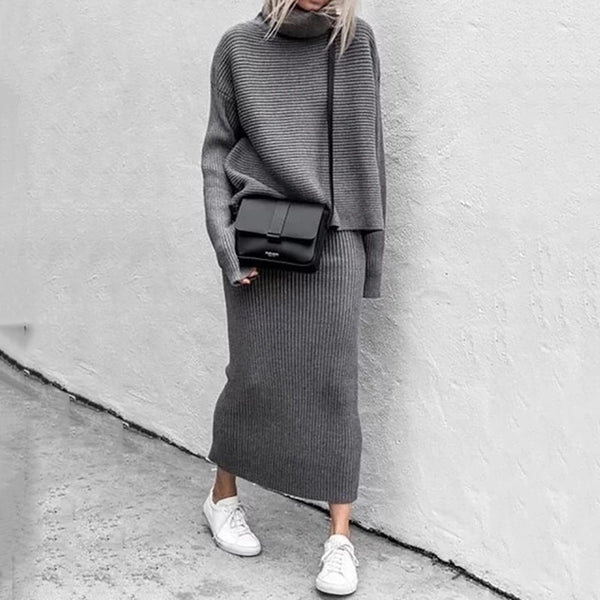 2pc Sets Solid Turtleneck Knitted Sweatshirt Skirt Suits