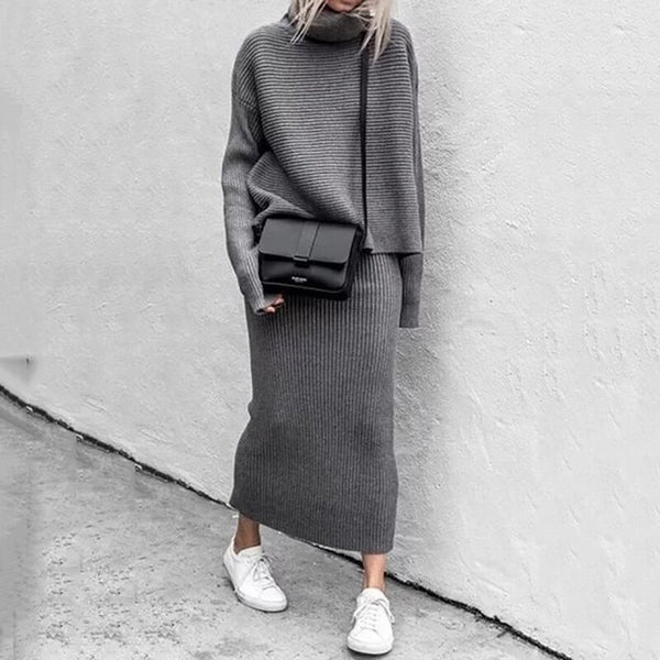 2pc Sets Solid Turtleneck Knitted Sweatshirt Skirt Suits
