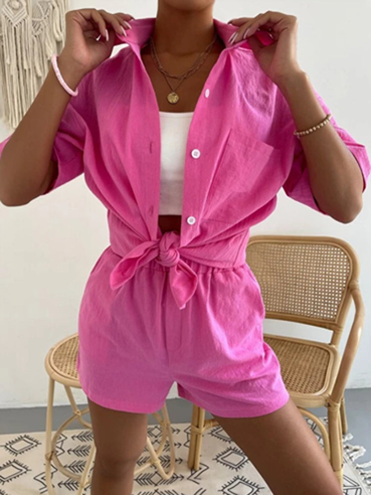 Cotton Linen Two Piece Button T-shirt Elastic Waist Shorts Set