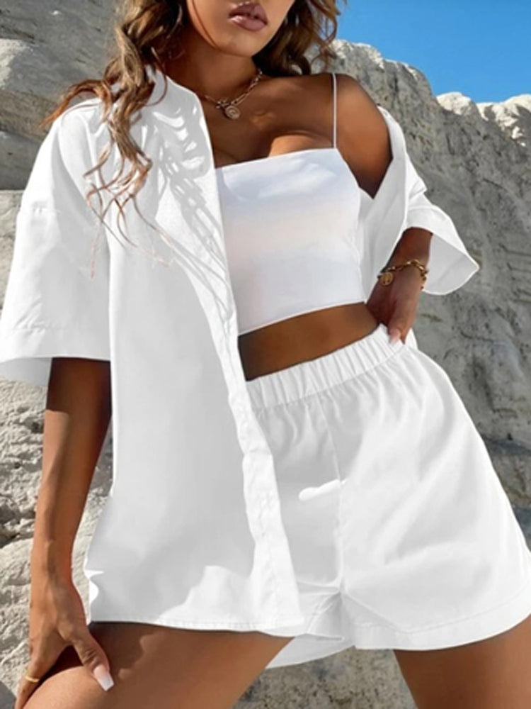 Cotton Linen Two Piece Button T-shirt Elastic Waist Shorts Set
