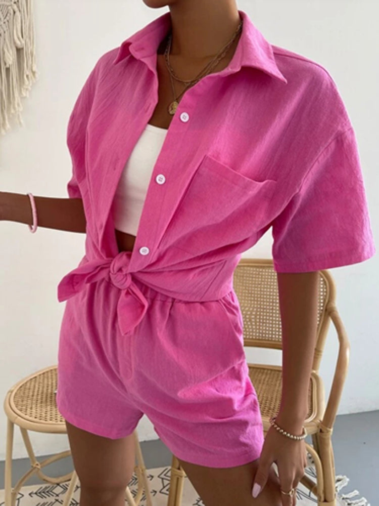 Cotton Linen Two Piece Button T-shirt Elastic Waist Shorts Set