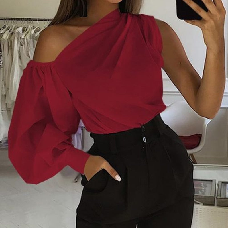 Women Elegant One Shoulder Solid Blouse Shirt