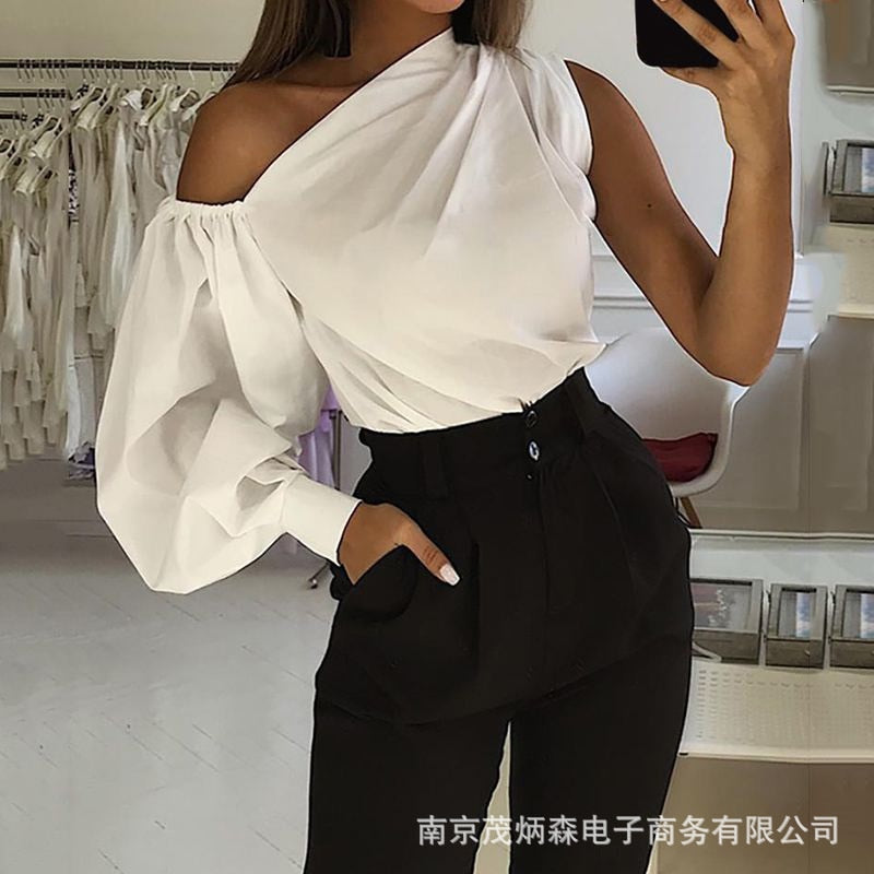 Women Elegant One Shoulder Solid Blouse Shirt