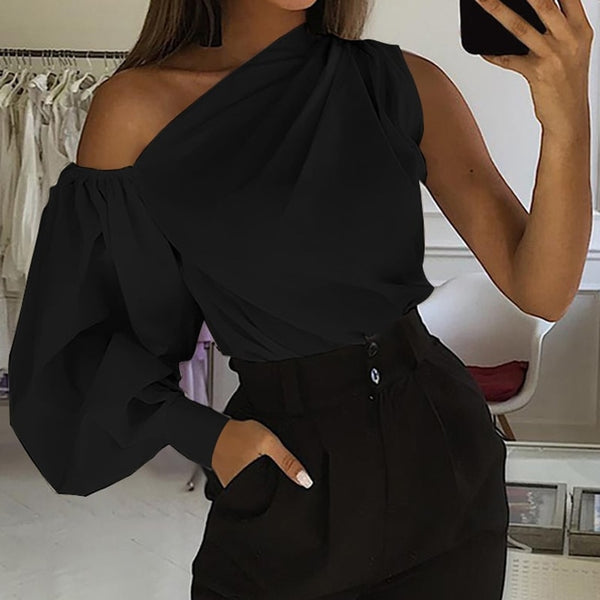 Women Elegant One Shoulder Solid Blouse Shirt