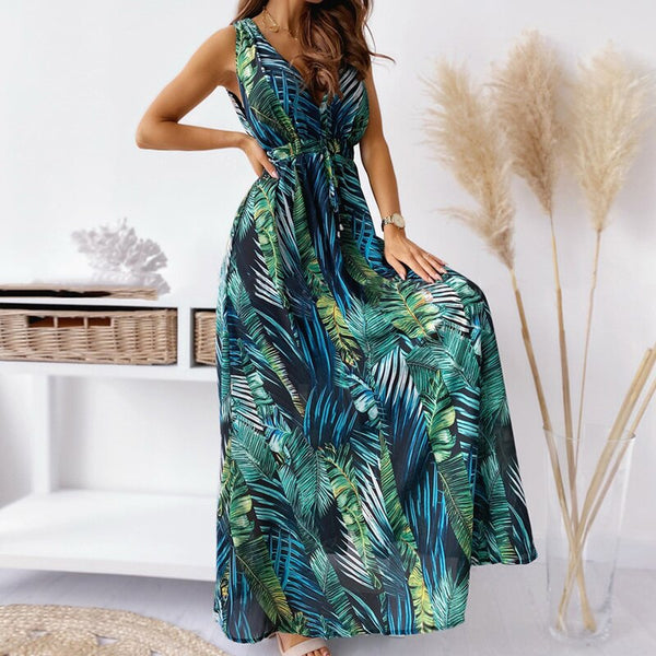 Women Fashion Tie-Up Backless Party Beach Dress Sexy V Neck Boho Long Dress Summer Ladies Elegant Print Sleeveless Maxi Dresses