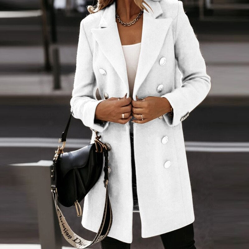 Women Turn-down Collar Button Woolen Coat
