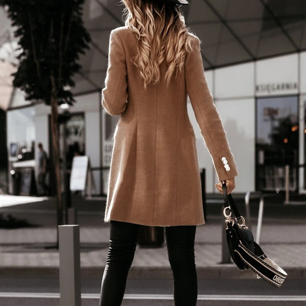 Women Turn-down Collar Button Woolen Coat