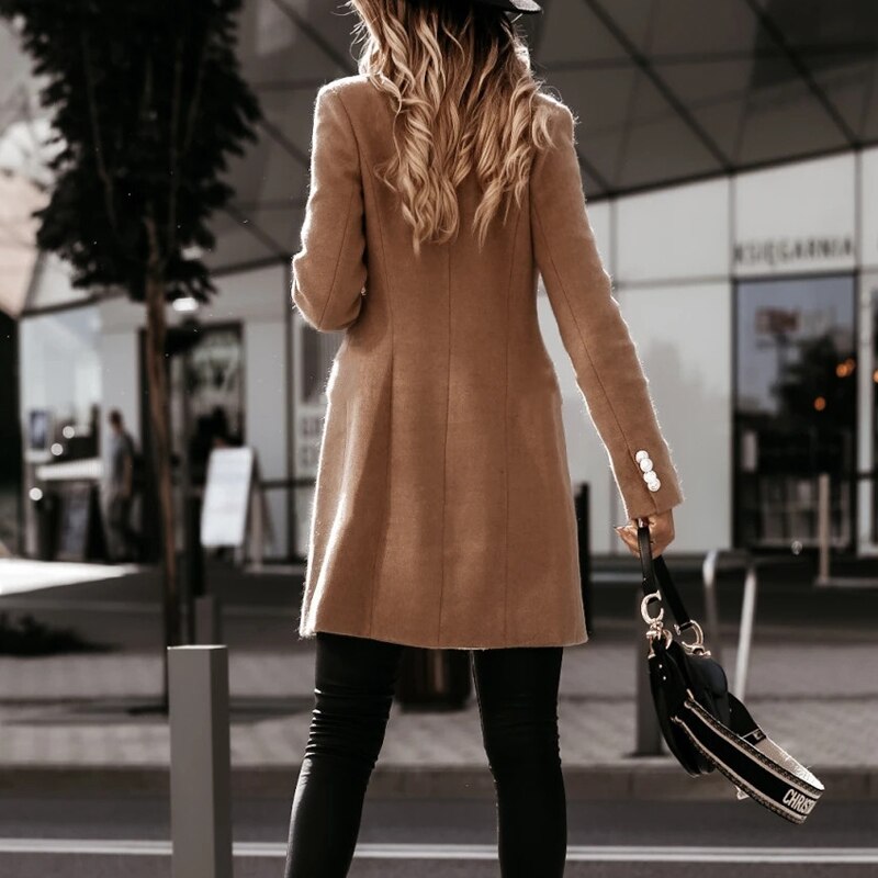 Women Turn-down Collar Button Woolen Coat