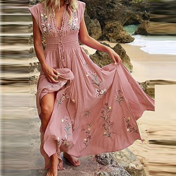 Women Vintage Floral Print Beach Maxi Dress
