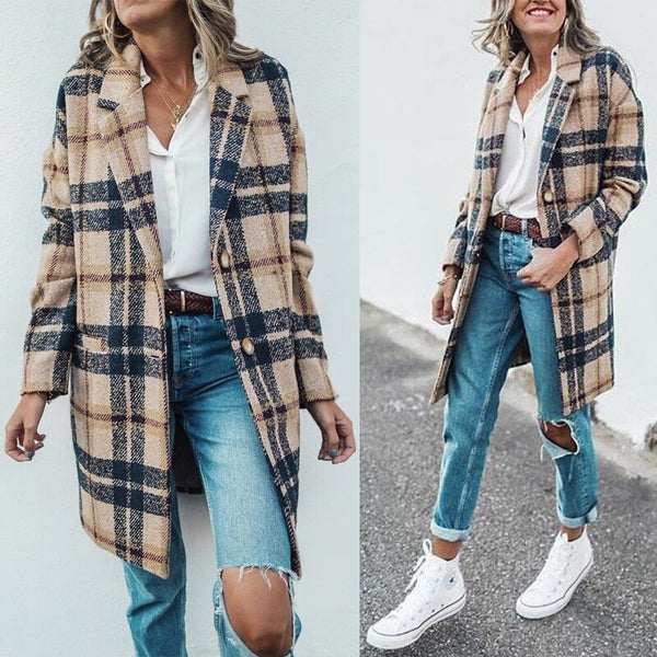 Women's Loose Long Plaid Woolen Coat