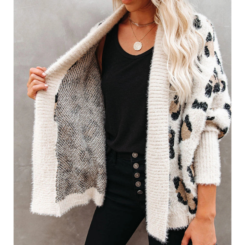 Women Leopard Knitted Cardigan Sweater Coat