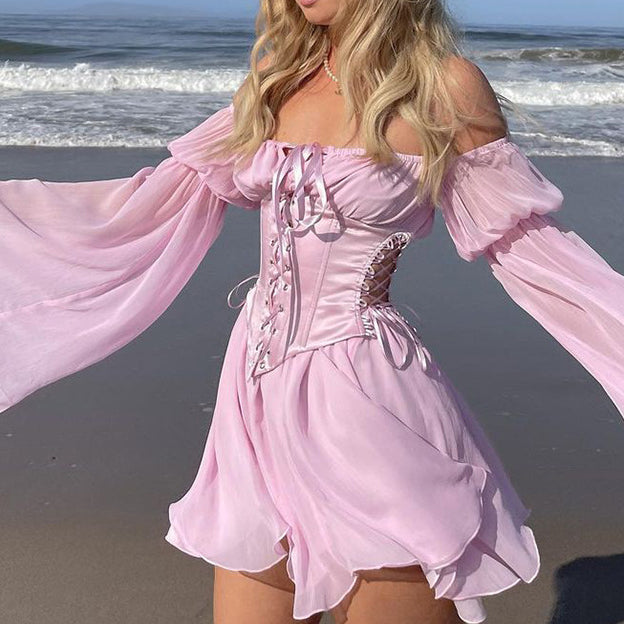 Long Sleeve Off Shoulder Dress BOHO Women Waist with Tie Bow