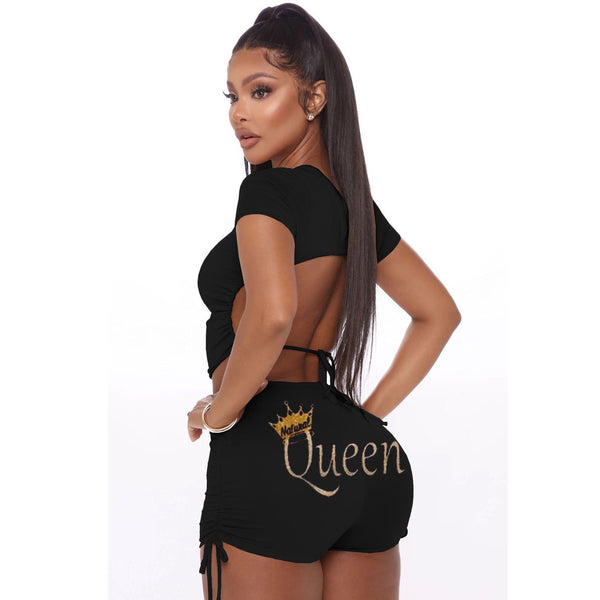 2 pcs Women Set Solid Letters Bandage Backless Short Tops and Shorts Summer Casual Elastic Outfits