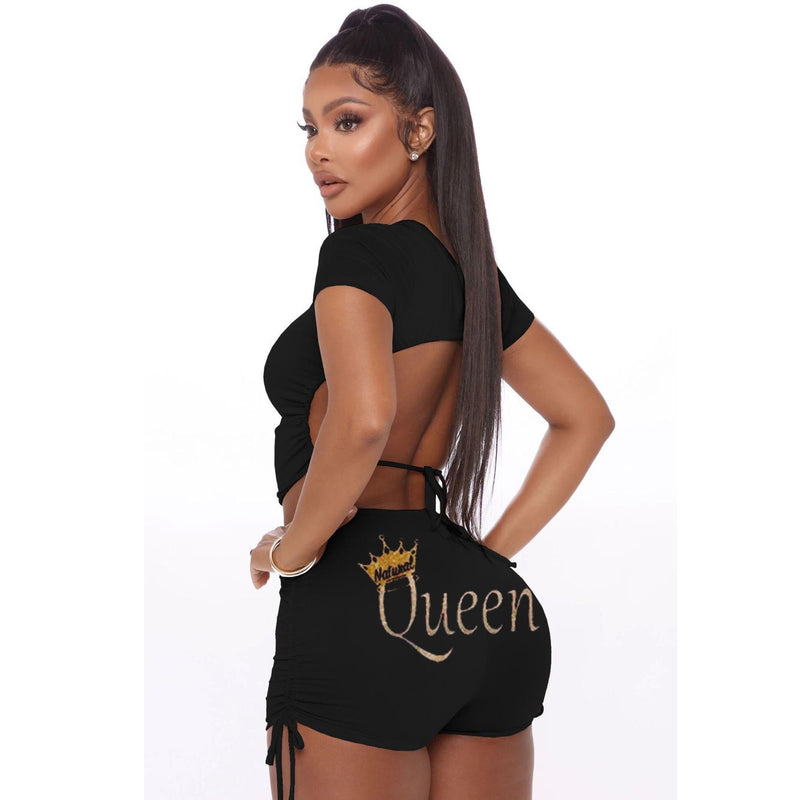 2 pcs Women Set Solid Letters Bandage Backless Short Tops and Shorts Summer Casual Elastic Outfits
