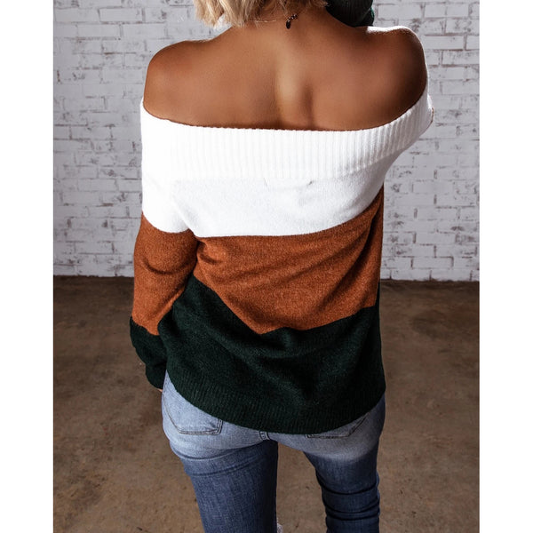Off Shoulder Striped Knitted Pullover Sweater