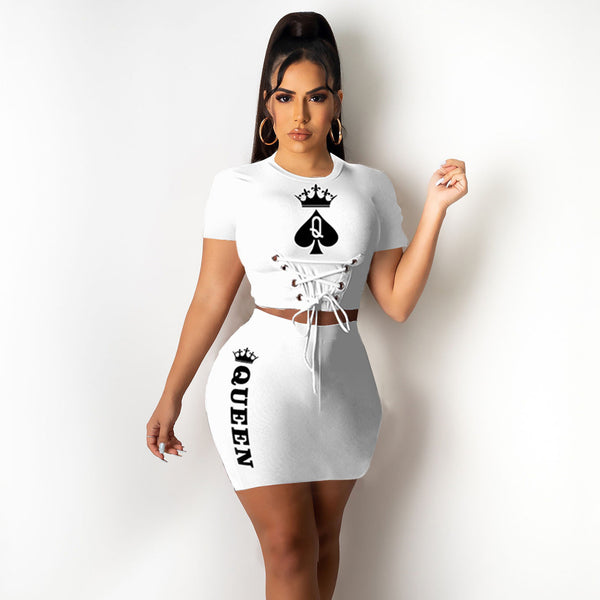 2 pcs Women Set Print Bandage O-neck Short Tops Mini Dress Summer Sexy Outfits
