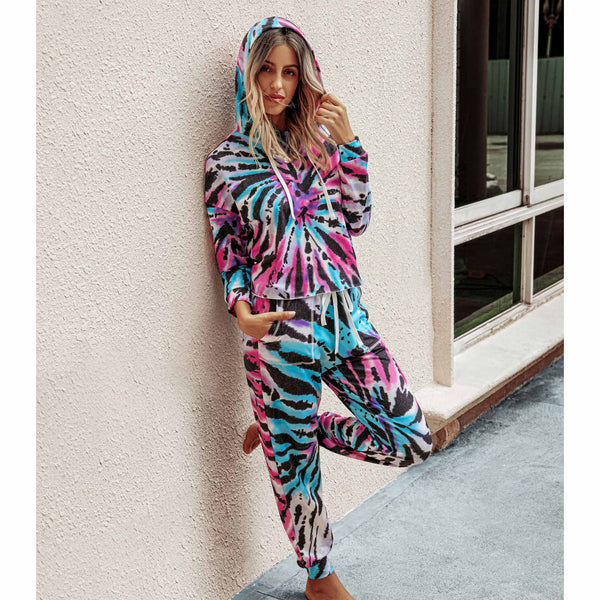 Women Set Tie Dye Long Sleeve Top Shirt O Neck And Pants Tracksuit Two Piece Set