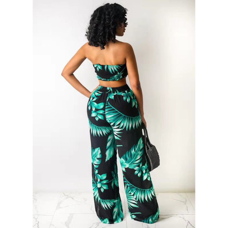 2 pcs Women Set Print Slash Neck Strapless Short Tops Long Pants Summer Beach Outfits