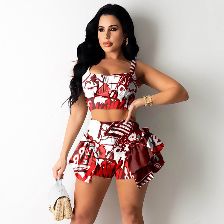 2 pcs Women Set Print Ruffles Spaghetti Strap Short Tops and Shorts Summer Sexy Outfits