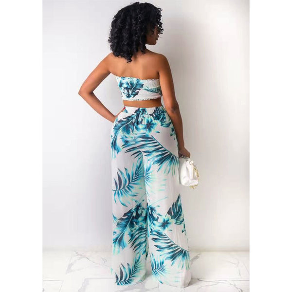 2 pcs Women Set Print Slash Neck Strapless Short Tops Long Pants Summer Beach Outfits
