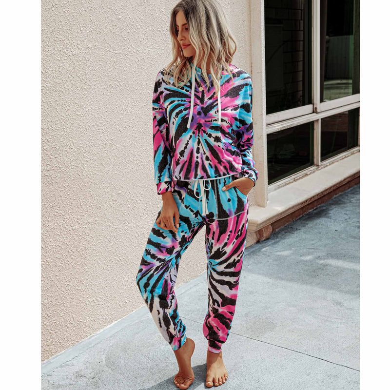 Women Set Tie Dye Long Sleeve Top Shirt O Neck And Pants Tracksuit Two Piece Set