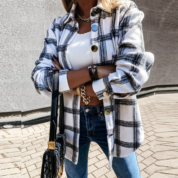 Long Sleeve Plaid Jacket Women Autumn Winter Oversized Coat