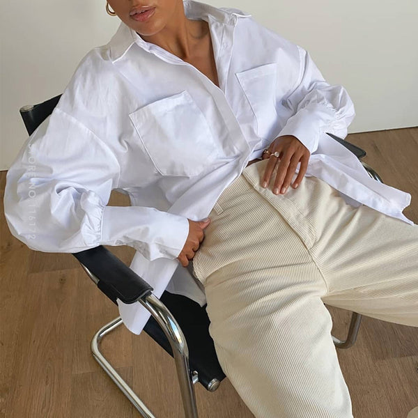White Two Big Pockets Shirt Long Blouse Streetwear Casual Outfits Top