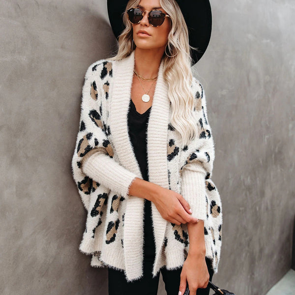 Women Leopard Knitted Cardigan Sweater Coat