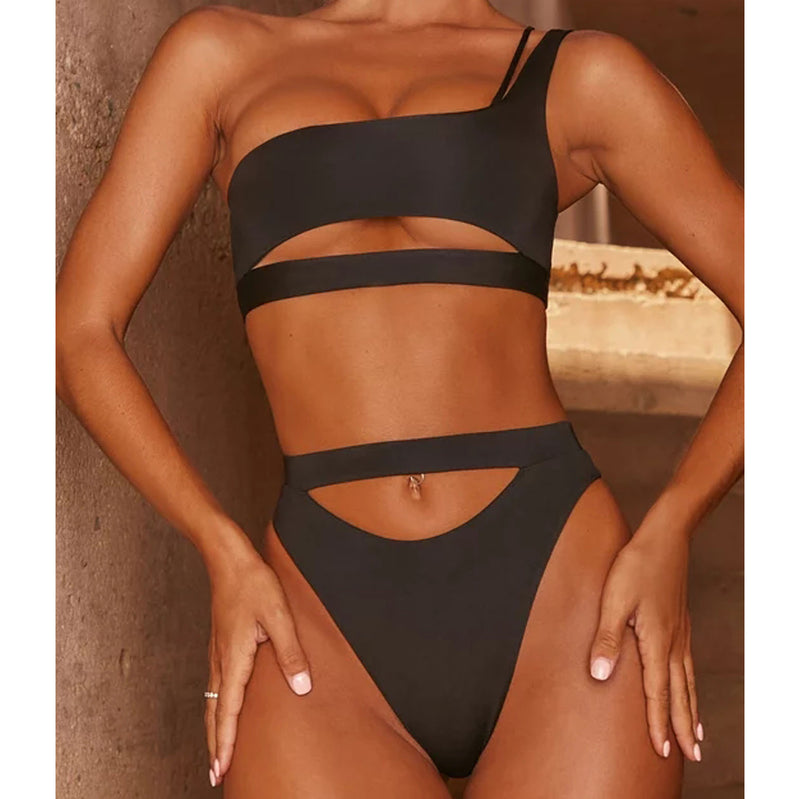 Solid Sexy One-shouler Hollow One-piece Swimsuit