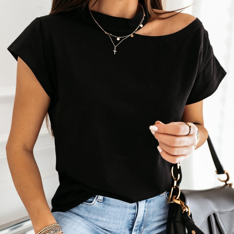 Solid Halter Short Sleeve Tops Blouse