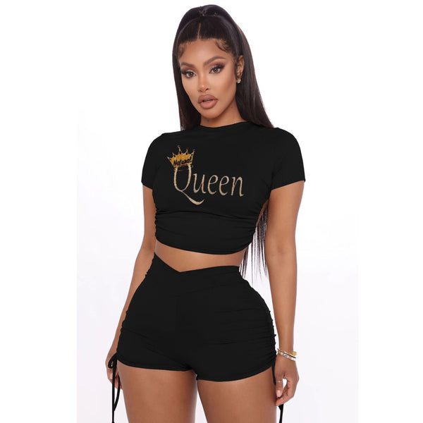 2 pcs Women Set Solid Letters Bandage Backless Short Tops and Shorts Summer Casual Elastic Outfits
