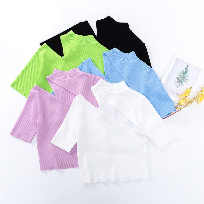 Candy Color High Neck Ribbed Knitted T-shirt