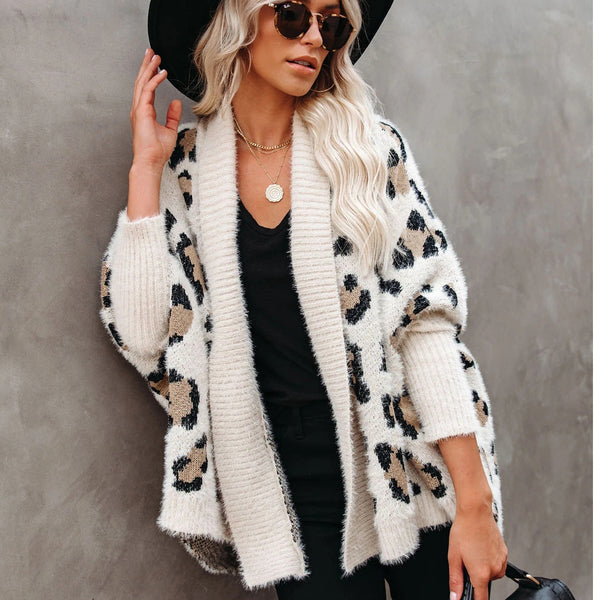 Women Leopard Knitted Cardigan Sweater Coat
