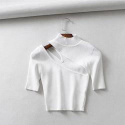 Candy Color High Neck Ribbed Knitted T-shirt