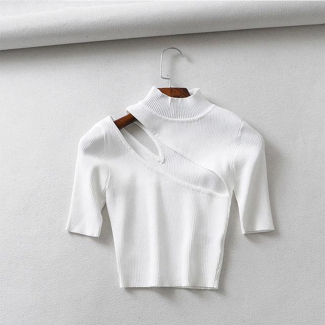 Candy Color High Neck Ribbed Knitted T-shirt