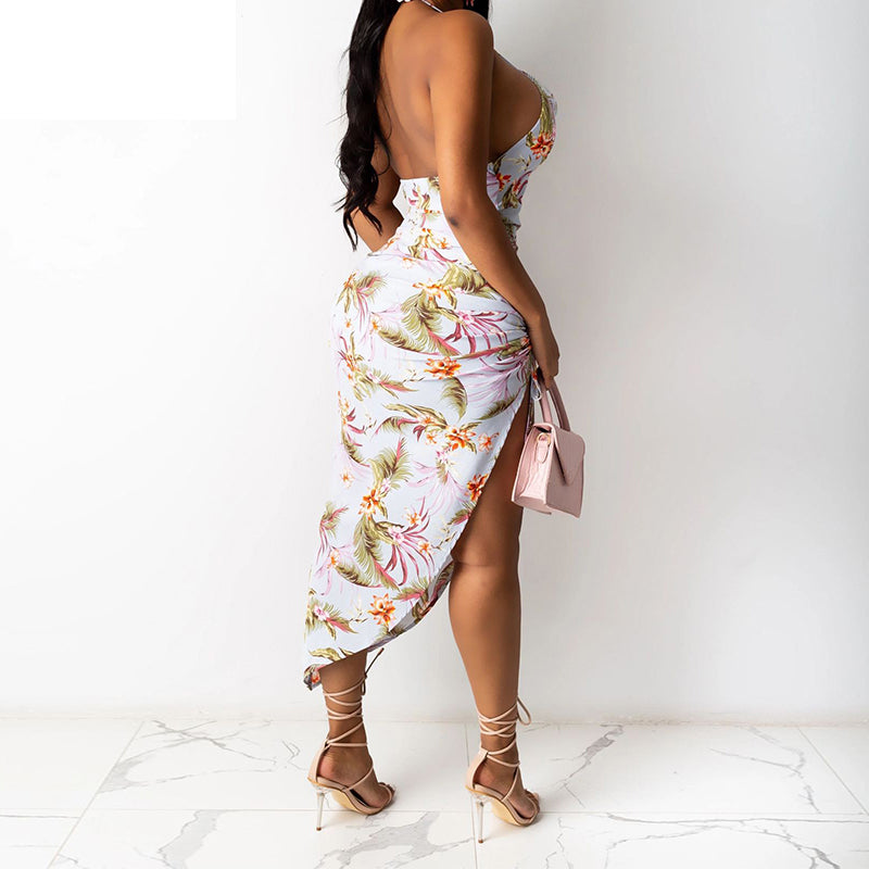 Floral Print V Neck Halter Sexy Bodycon Dress