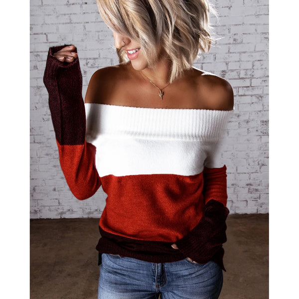 Off Shoulder Striped Knitted Pullover Sweater