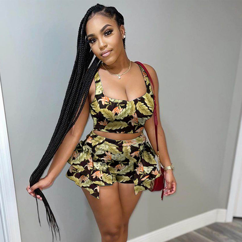 2 pcs Women Set Print Spaghetti Strap Short Tops and Shorts Summer Beach Outfits