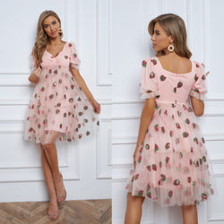 Puff Sleeve Women Strawberry Mesh Dress