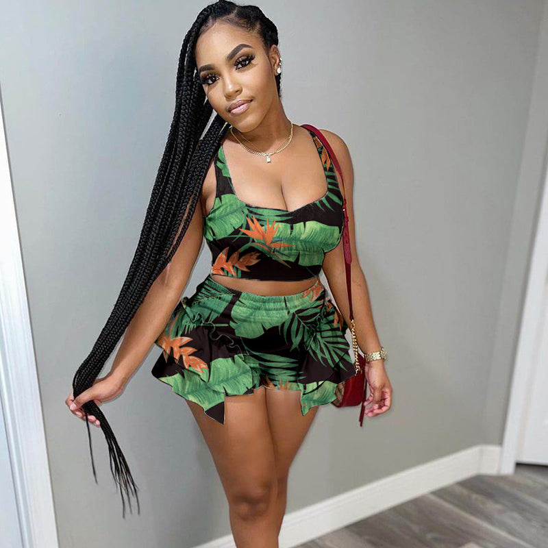2 pcs Women Set Print Spaghetti Strap Short Tops and Shorts Summer Beach Outfits