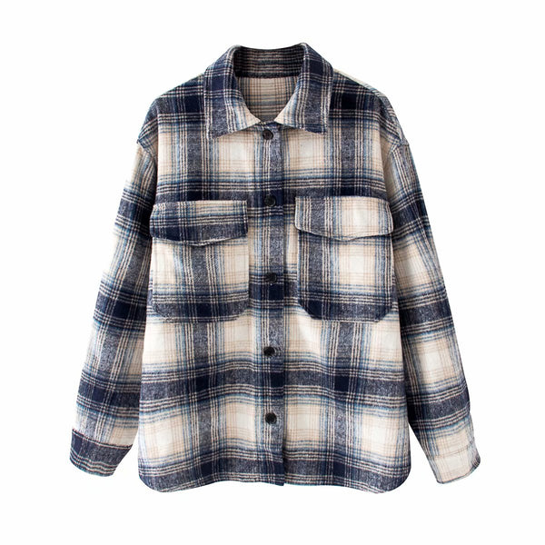 Fashion Women Plaid Shirt Jacket Vintage Brushed Fur Coat