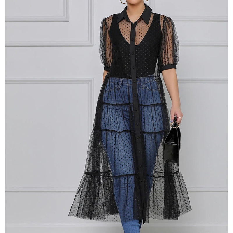 Shirt Style Button Gauze Dress Ladies Long Street Solid Color Dress Casual Home Commuting Dress
