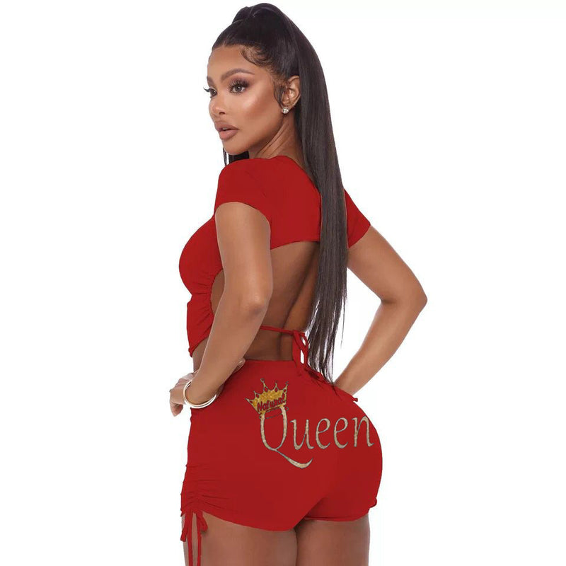 2 pcs Women Set Solid Letters Bandage Backless Short Tops and Shorts Summer Casual Elastic Outfits